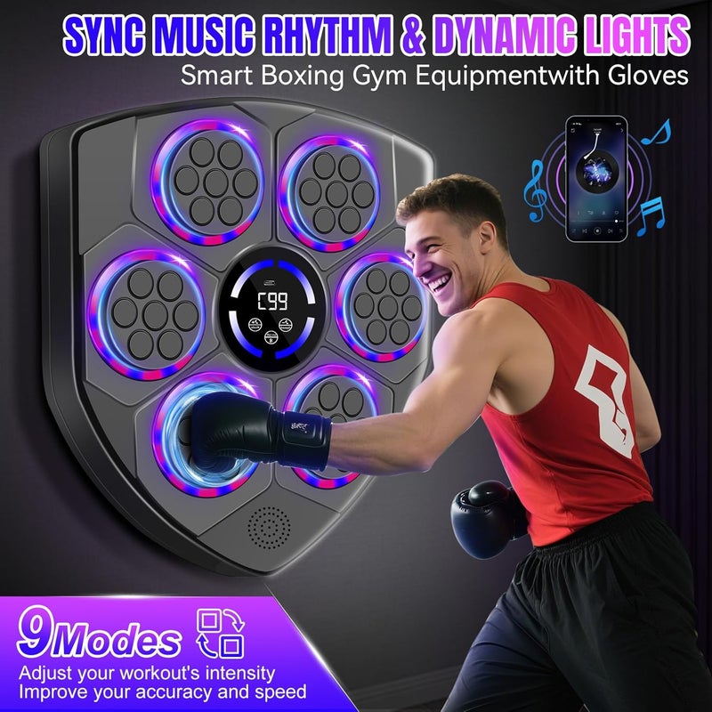 laapee Music Boxing Machine Smart with Rhythm LED – Wall Mounted for Adults & Kids – Incl. Adult Gloves, Headband & 3 Reflex Balls – 9 Modes, Bluetooth Music Sync, Home/Office/Gym Sturdy Fitness Set - Image 5